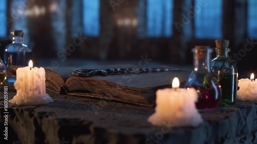 Gothic castle interior with weathered book, magic wand, potion bottles and melted candles glowing on stone altar, illuminated by soft moonlight through tall windows, creating mysterious, arcane vibe