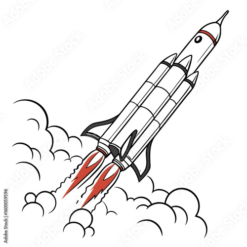 White rocket with red flames blasting off surrounded by clouds