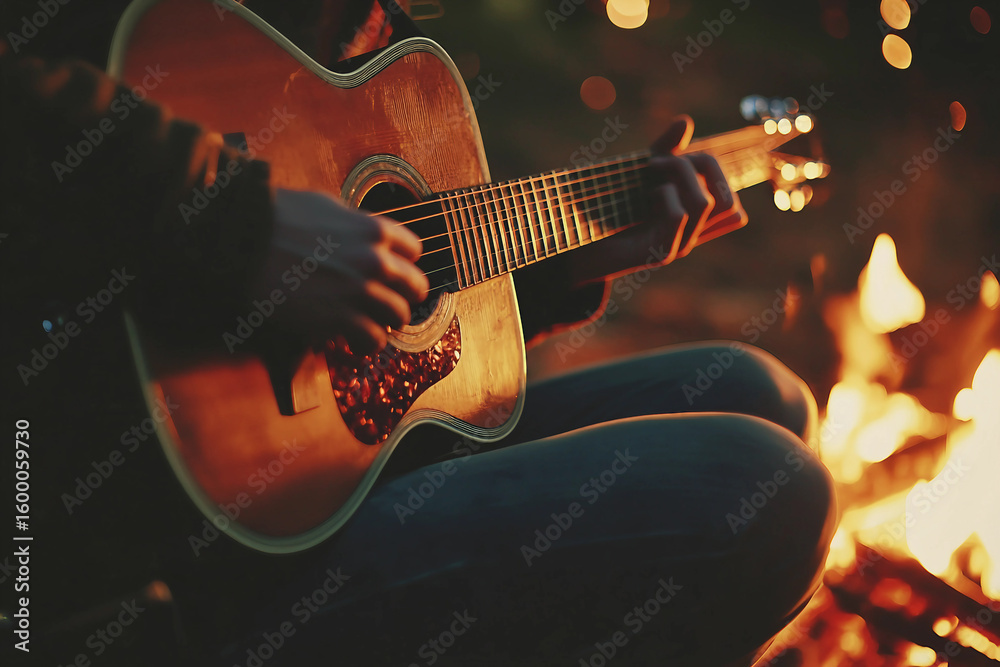 Naklejka premium Old guitar near cozy campfire in forest during peaceful evening outdoor camping moment, generative ai