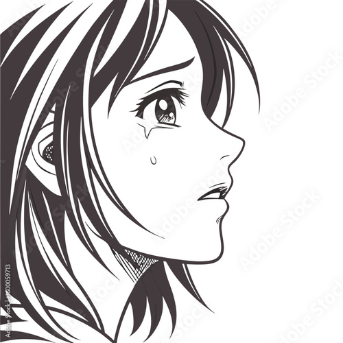 Anime girl crying with tear on cheek isolated on white