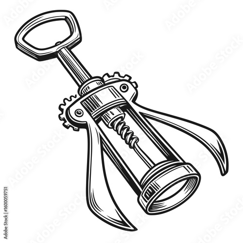Black and white illustration of a corkscrew wine opener