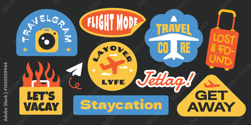 Obraz premium Travel elements stickers collection. Set of trendy vacation sign air travel y2k style.
