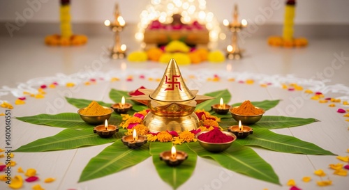 Sacred golden kalash with swastika symbol surrounded by diyas and flowers