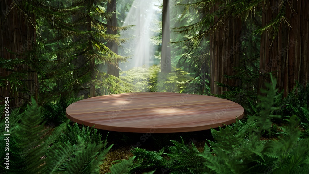 Wooden podium in forest with sunlight, product display background, nature presentation Wooden podium in forest with sunlight, product display background, nature presentation