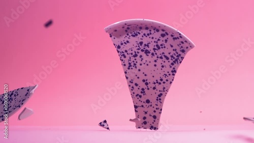 Slow motion of a pottery plate falling and breaking against a bright pink backdrop. 