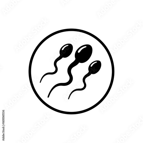 Simple black and white icon of three sperm swimming inside a circle