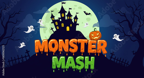 A fun 'Monster Mash' Halloween party poster. This cartoon illustration features a spooky castle, full moon, ghosts, bats, and dripping orange text.