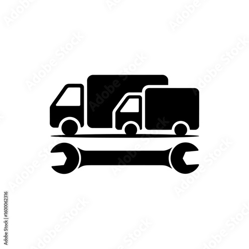 Black silhouette of two trucks and a wrench icon representing truck repair and maintenance services