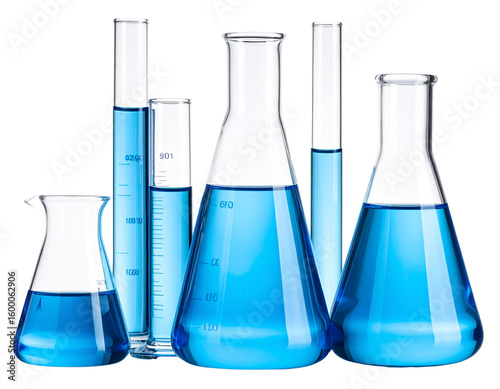 Set of Laboratory Glassware with Blue Solutions – Beaker, Test Tube, and Flask Grouped Together, Isolated PNG