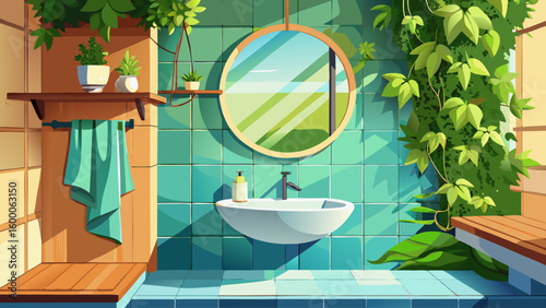 Contemporary bathroom sink with green ivy plant draping from a wall-mounted shelf, and a round mirror reflecting natural light from a nearby skylight