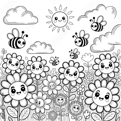 Whimsical Garden Illustration: An enchanting illustration of a cheerful sun, fluffy clouds, adorable bees, and charming flowers flourishing in a playful outdoor scene. 