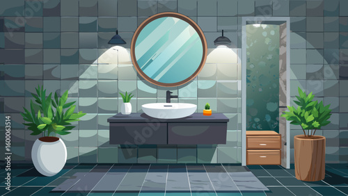 Floating bathroom vanity with clean white sink, large circular mirror, and small hanging plant on the side, with gray stone backsplash and ambient lighting