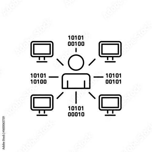Person connected to multiple computers with binary code data flow