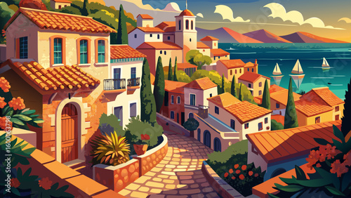 A serene Mediterranean town with terracotta rooftops, narrow cobbled streets, flowering balconies, and sea shimmering in the distance — perfect for a semi-realistic vector filled with warm ambiance.

