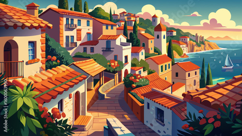A serene Mediterranean town with terracotta rooftops, narrow cobbled streets, flowering balconies, and sea shimmering in the distance — perfect for a semi-realistic vector filled with warm ambiance.

