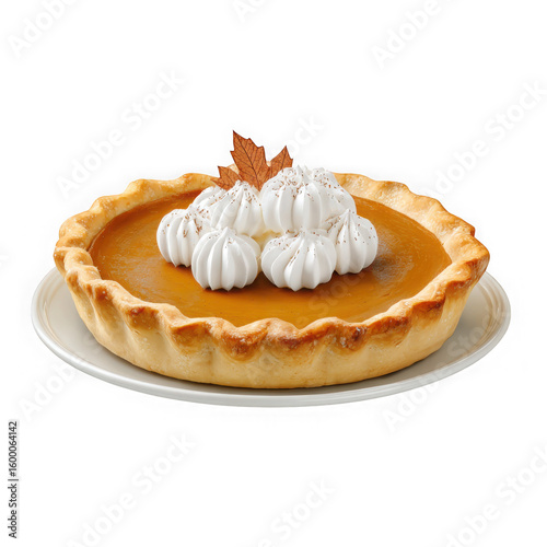 Delicious homemade pumpkin pie topped with whipped cream and a maple leaf isolated on transparent background