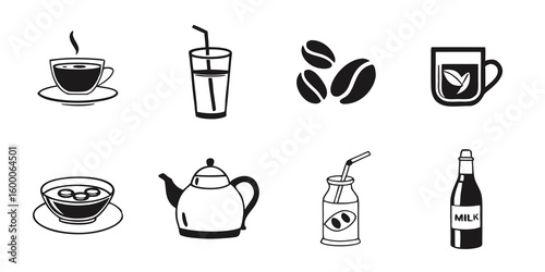 PNG collection of beverages pots silhouette, presented in a monochrome illustration, including coffee, water, coffee beans, tea, and milk, isolated on a transparent background. 