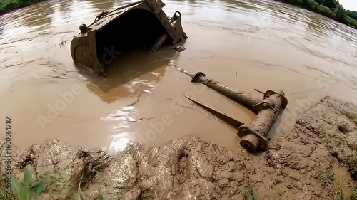 Partially Submerged Excavator in Brown Water and Mud with Green Vegetation on Banks under Daylight