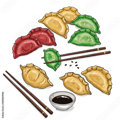 Assorted colorful dumplings with chopsticks and soy sauce dish  