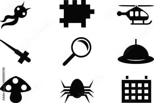 Black and white icons depicting various objects and creatures set of silhouettes
