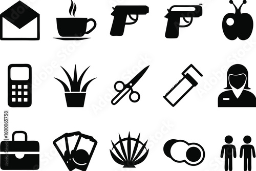 Black and white icons of common objects and people set of silhouettes