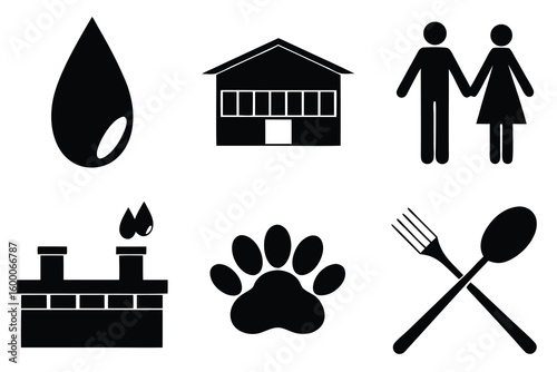 Black and white icons representing water house people factory paw and cutlery set of silhouettes