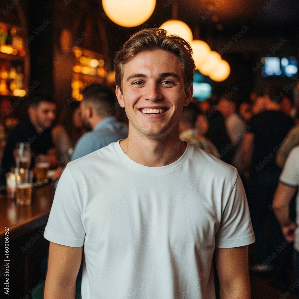 Obraz premium a 20 year old handsome smiling young man wearing a blank white t-shirt and jeans at a bar. standing, fashion, modern, lifestyle, urban, millennial, person, human, trendy, portrait, relaxed, cool