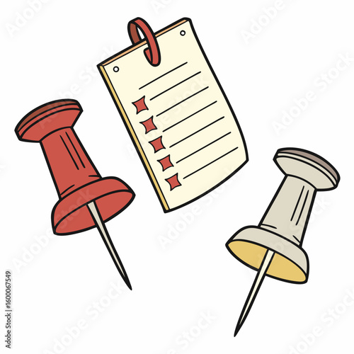 Red and beige push pins with checklist pushpin thumbtack