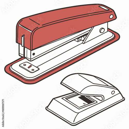 Red stapler and hole punch on white background office supplies