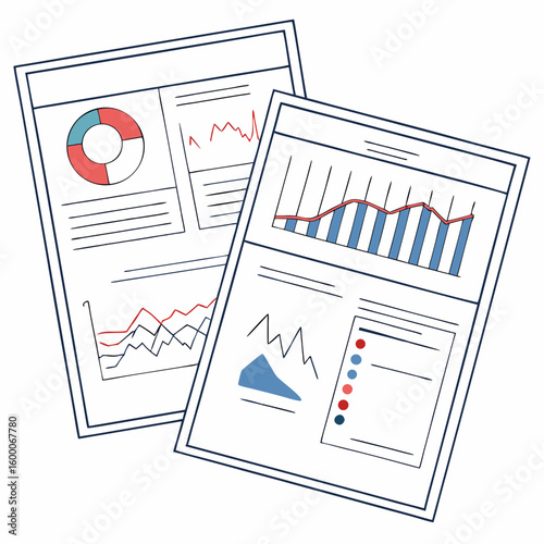 Two business reports with graphs and charts data