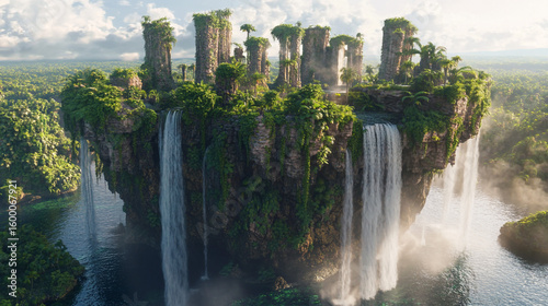 Floating Mountain with Waterfalls and Beautiful Cloud. Majestic floating island with waterfalls, lush greenery, and ancient ruins, ideal for fantasy or adventure content.