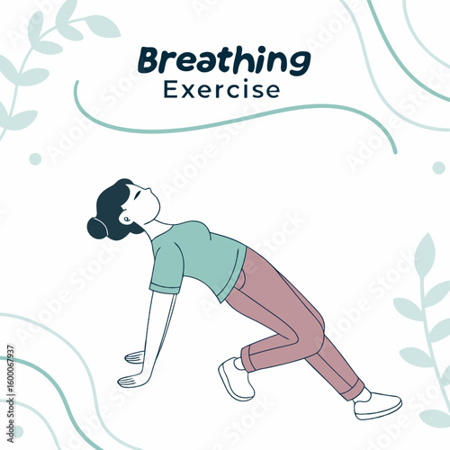 Woman performing breathing exercise with decorative elements