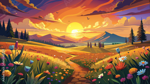 Golden Sunset Over Field: A breathtaking panorama unfolds as the setting sun casts its golden glow over a vibrant field of wildflowers, creating a stunning landscape