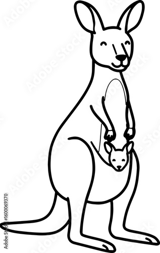 Cartoon Kangaroo Line Art with Baby – Cute Black and White Animal Illustration for Coloring Pages and Kids Materials