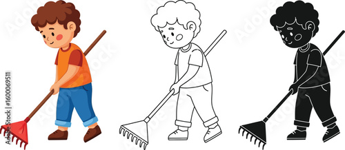 Cartoon boy raking leaves vector illustration for kids gardening activities and chores clip art design