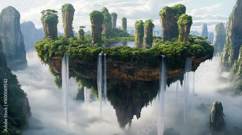Floating Rainforest Plateau with Towering Pillars, Waterfalls, and Cloud-Covered Mountains. Ideal for fantasy projects, concept art, dreamscapes, and virtual environment design.