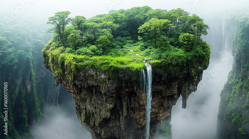 Floating Island with Waterfall. Majestic floating island featuring lush greenery and a cascading waterfall, suitable for fantasy or nature-themed projects.