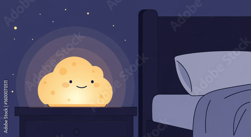 Cute cloud lamp on nightstand beside bed, nighttime scene with starry sky