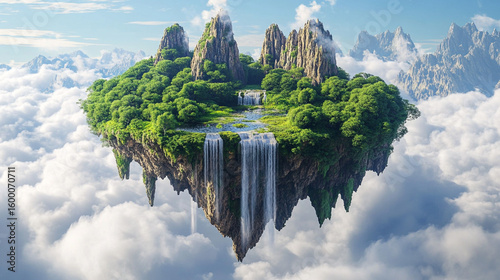 Verdant Floating Island Above the Clouds with Twin Waterfalls and Majestic Peaks. Perfect for fantasy storytelling, RPG world-building, inspirational artwork, and dreamlike scenic design.
