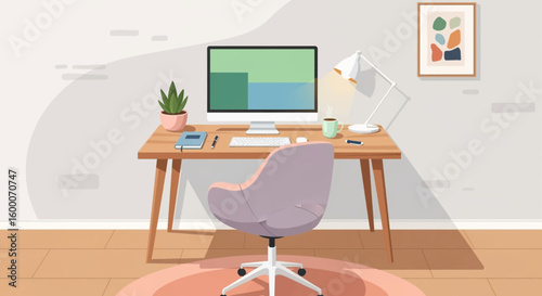 Modern home office setup with computer, desk, chair, and decorative elements