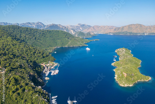 Fototapeta Naklejka Na Ścianę i Meble -  Adakoy coastline drone view in Marmaris Town of Turkey