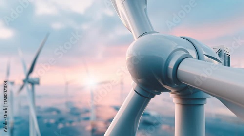 Harnessing Energy: A close-up shot showcasing wind turbines, a powerful symbol of clean and renewable energy generation, set against the picturesque backdrop of a vibrant sunset.