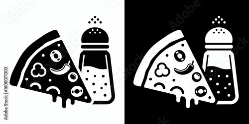 A vector icon of a pizza slice with melted cheese and toppings next to a seasoning shaker, isolated graphic design.