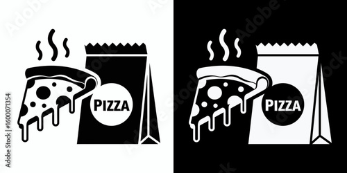 Pizza delivery icon with a hot steaming slice and takeout bag. Vector graphic for fast food and pizzeria branding.