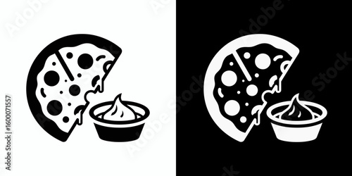 Vector icon of a pizza slice with melted cheese and a side of dipping sauce