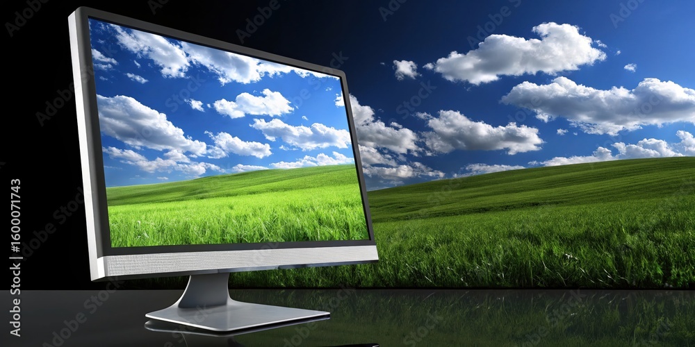 Fototapeta premium Desktop wallpaper field and sky on computer screen digital art design background