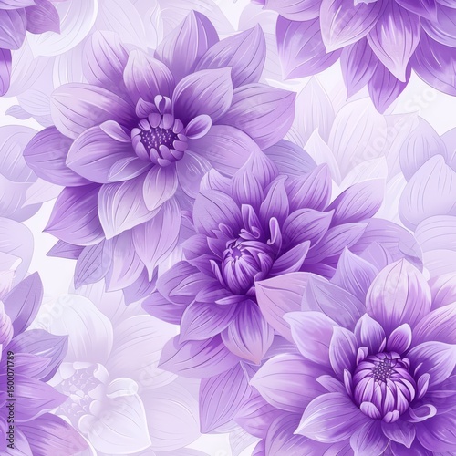 Elegant purple dahlia flowers create soft lavender seamless pattern background perfect for botanical themed designs and spring or summer projects
