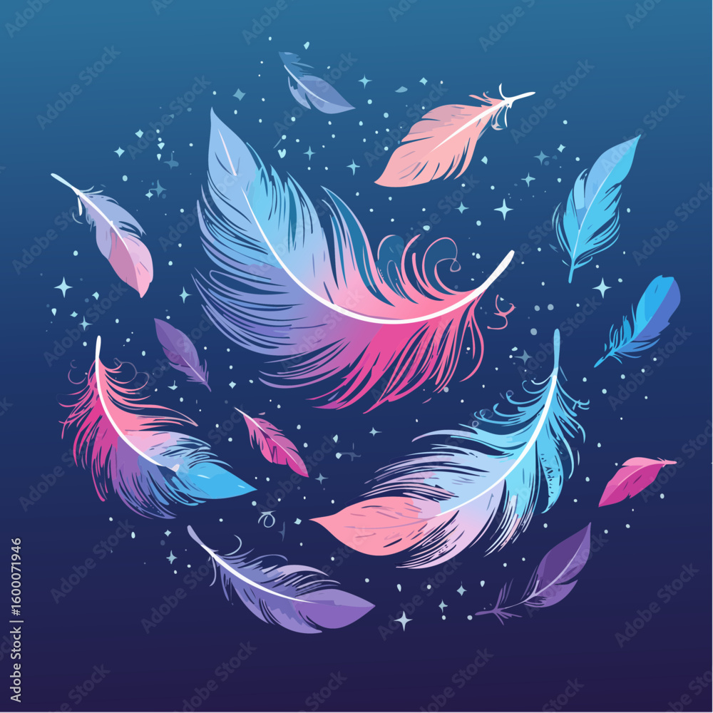 Obraz premium A magical flight of colorful, glowing feathers floating in a circular pattern. An ethereal and beautiful vector illustration on a dark blue background.