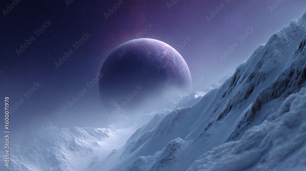 Fototapeta premium Alien planet landscape with a large purple moon obscured by mist and snow covered mountains