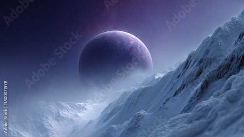 Wallpaper Mural Alien planet landscape with a large purple moon obscured by mist and snow covered mountains Torontodigital.ca